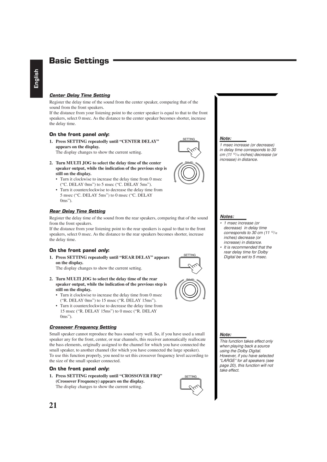 JVC RX-884RBK manual Center Delay Time Setting, Rear Delay Time Setting, Crossover Frequency Setting 