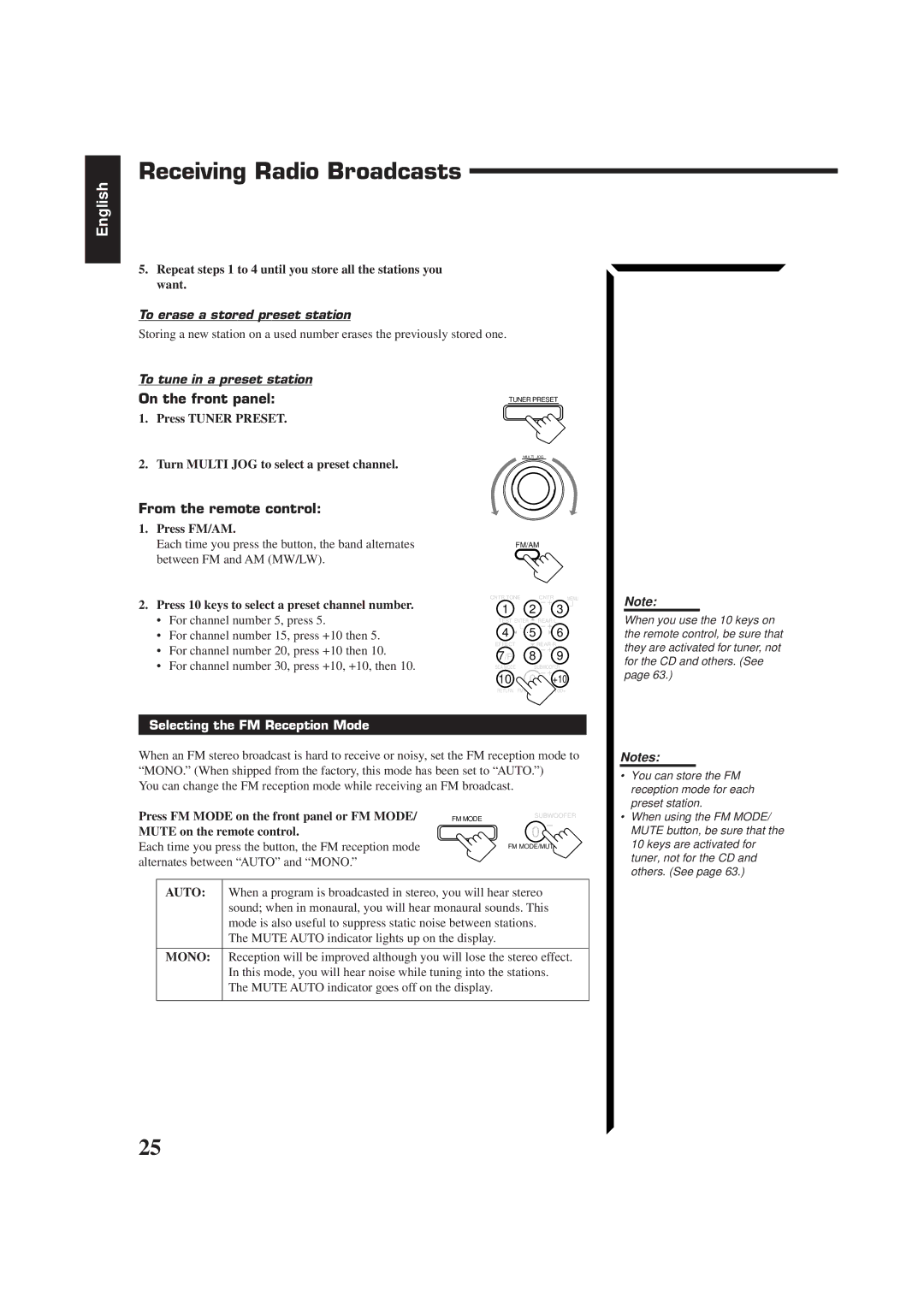 JVC RX-884RBK manual Receiving Radio Broadcasts, To erase a stored preset station, To tune in a preset station 