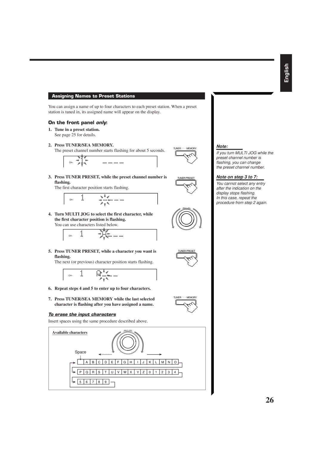 JVC RX-884RBK manual Assigning Names to Preset Stations, Press Tuner PRESET, while a character you want is, Flashing 