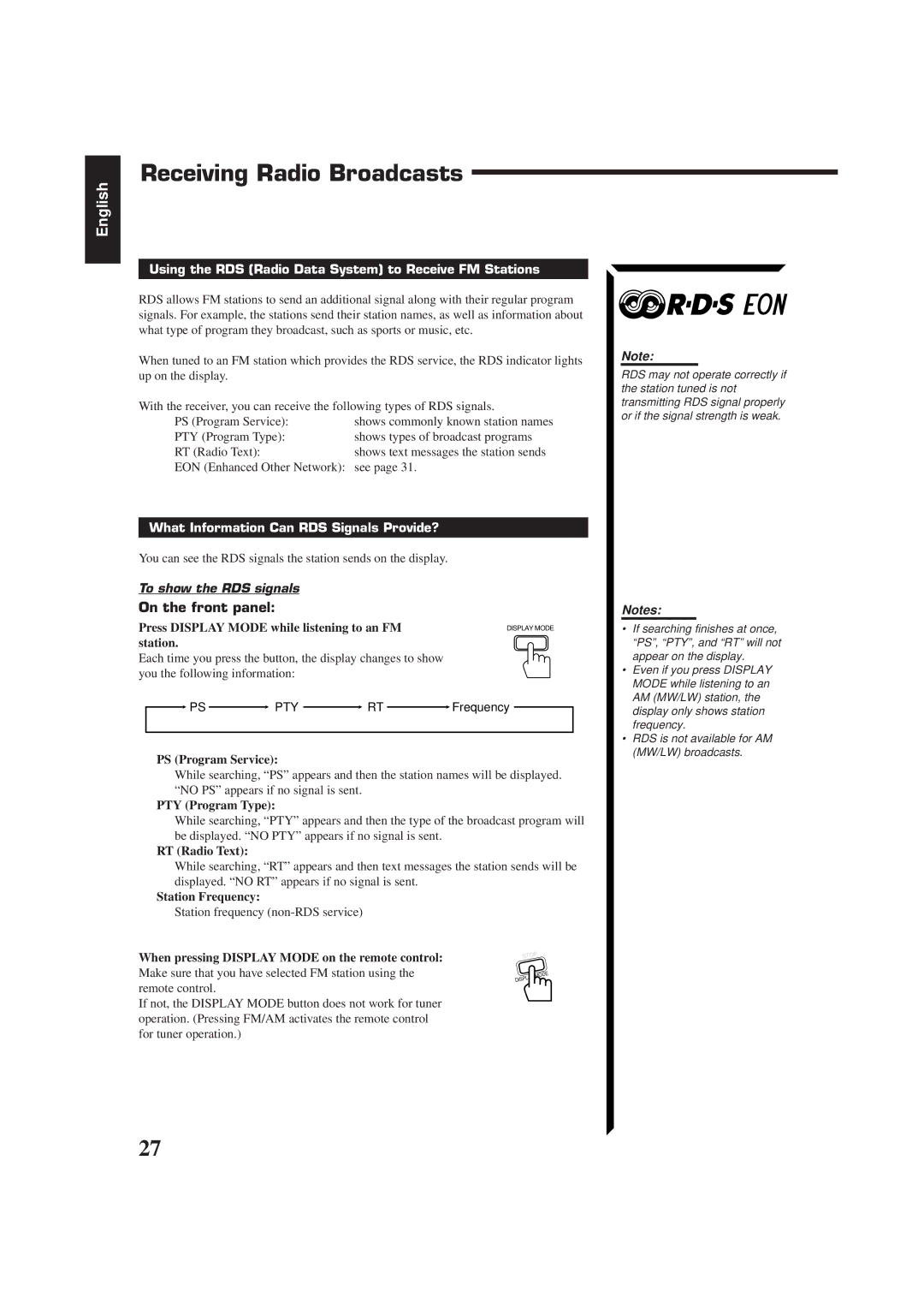 JVC RX-884RBK manual Using the RDS Radio Data System to Receive FM Stations, What Information Can RDS Signals Provide? 