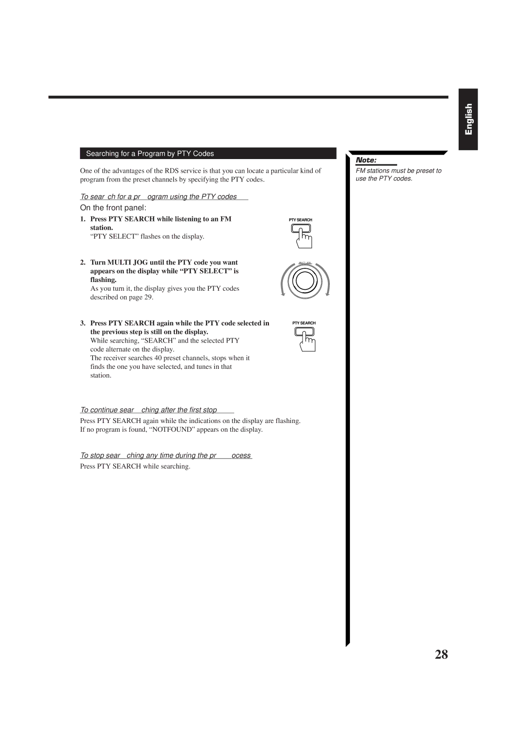 JVC RX-884RBK manual Searching for a Program by PTY Codes, To search for a program using the PTY codes 