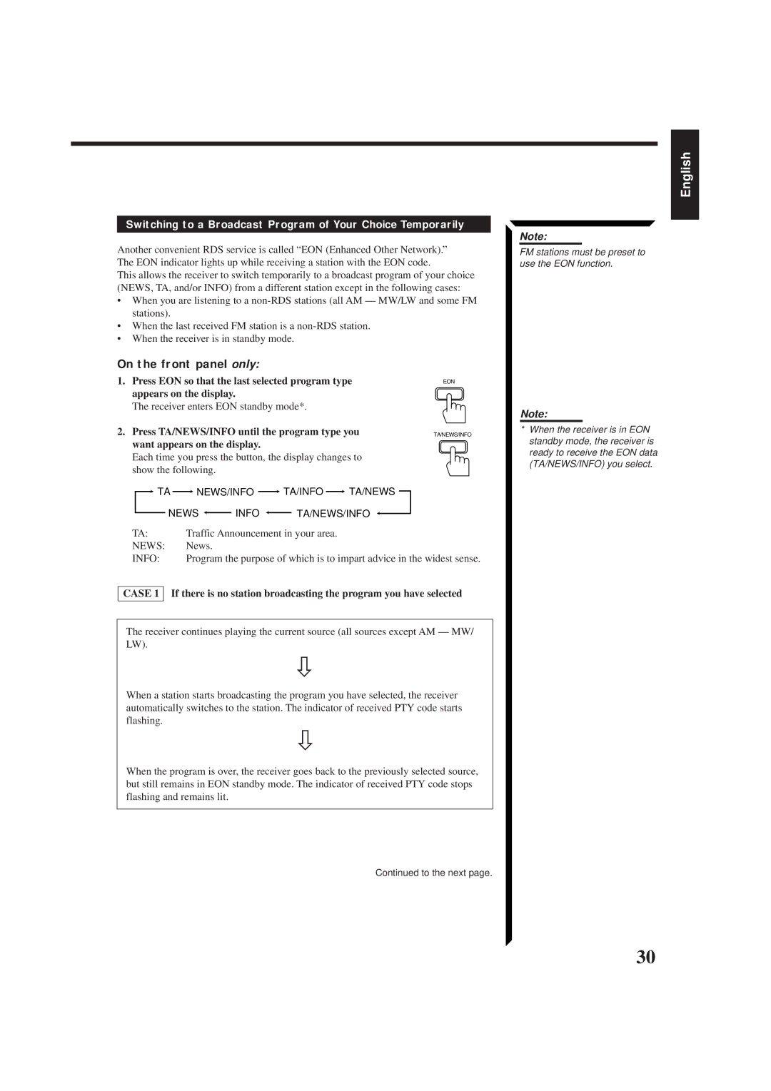 JVC RX-884RBK manual Switching to a Broadcast Program of Your Choice Temporarily, Receiver enters EON standby mode, News 