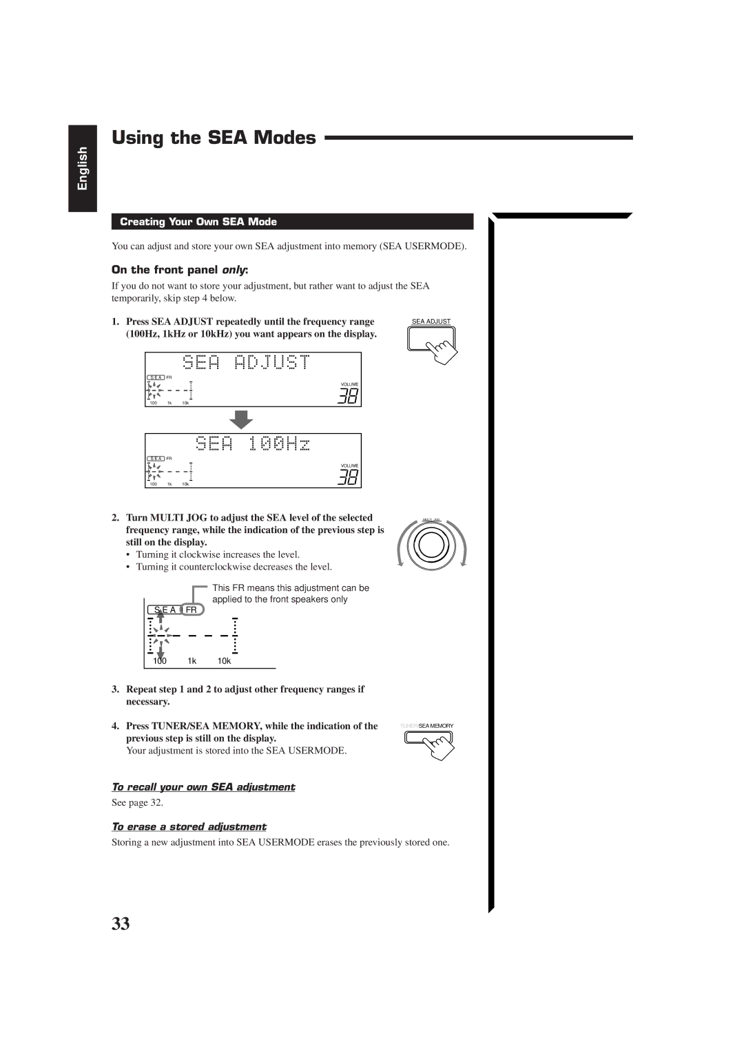 JVC RX-884RBK manual Using the SEA Modes, Creating Your Own SEA Mode, To recall your own SEA adjustment 