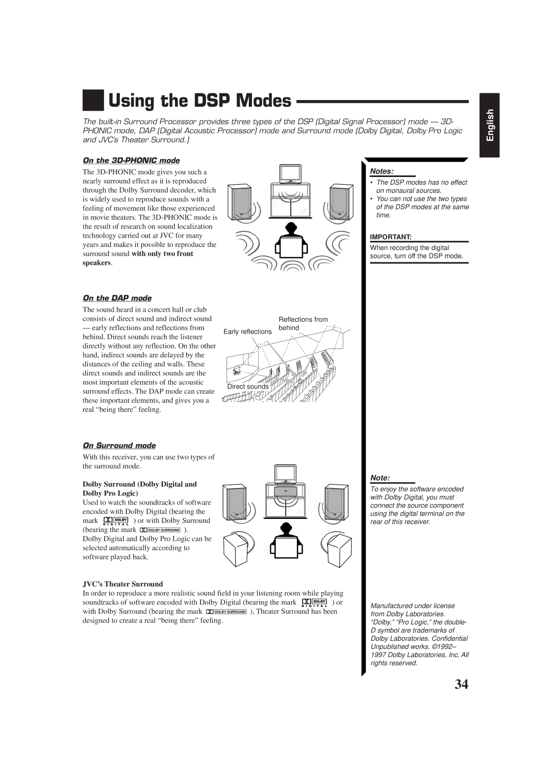 JVC RX-884RBK manual Using the DSP Modes, On the 3D-PHONIC mode, On the DAP mode, On Surround mode 