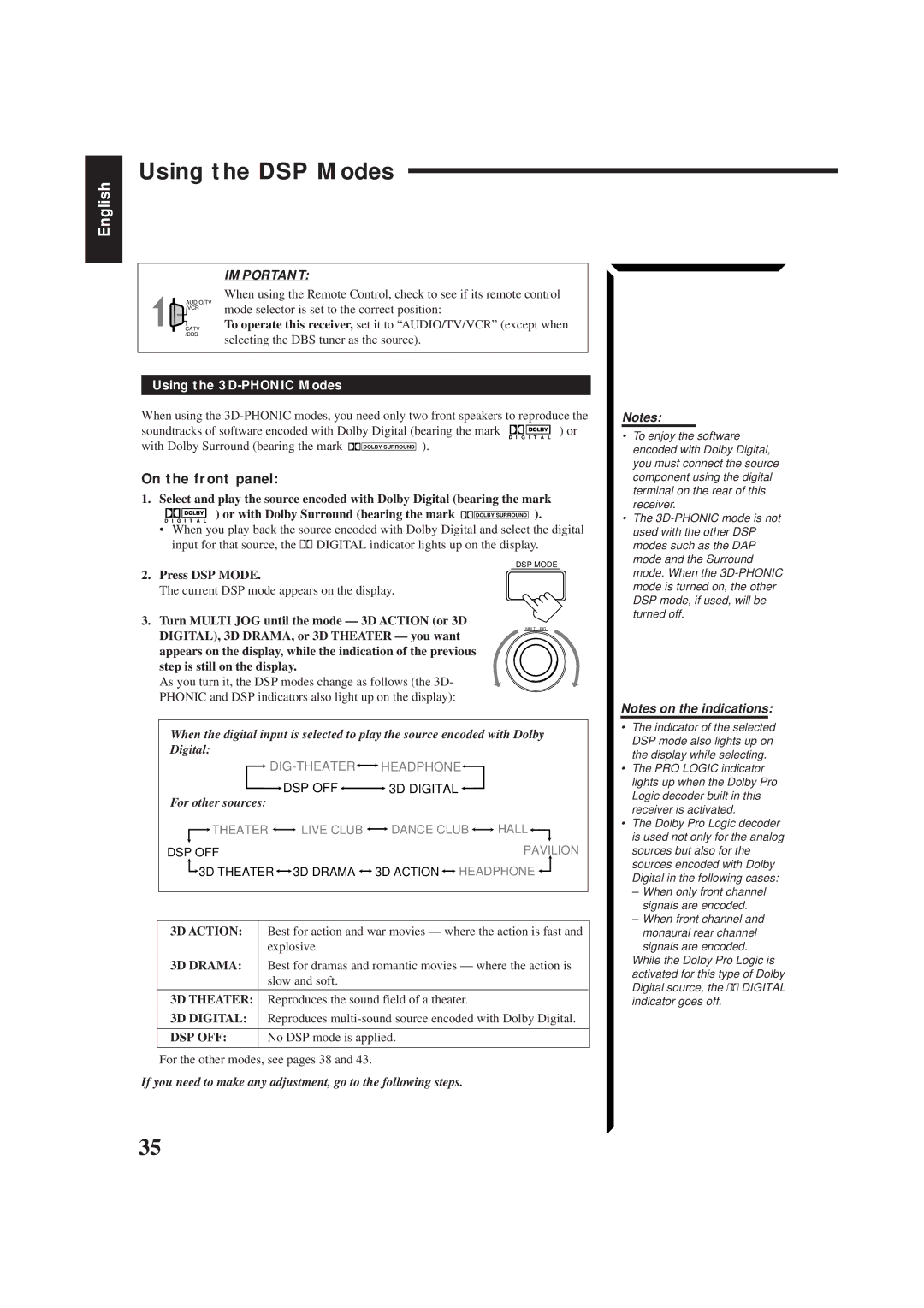 JVC RX-884RBK manual Using the DSP Modes, Using the 3D-PHONIC Modes, Press DSP Mode 