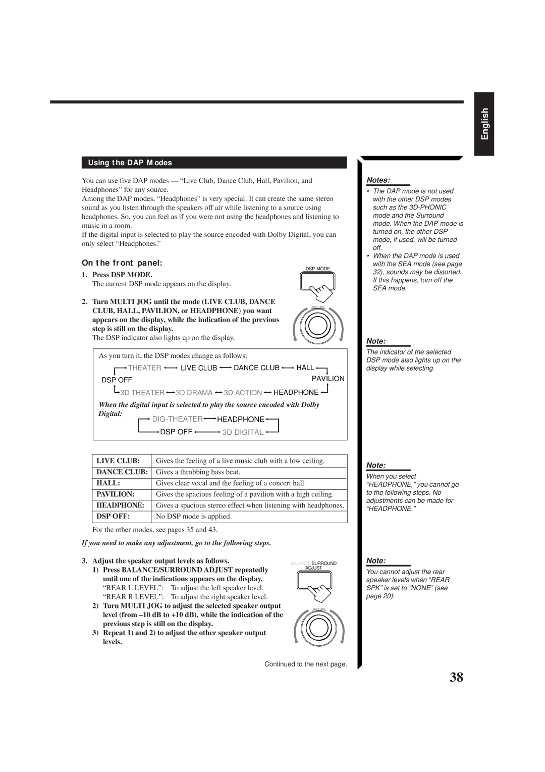 JVC RX-884RBK manual Using the DAP Modes 