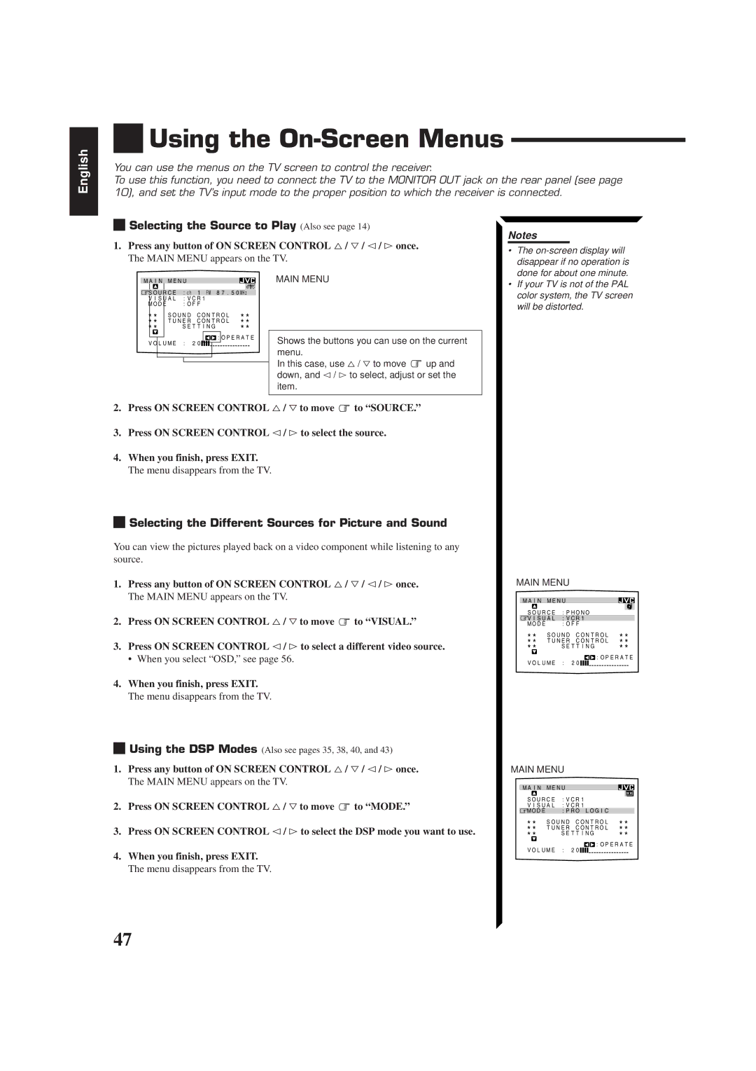 JVC RX-884RBK manual Using the On-Screen Menus, Selecting the Source to Play Also see, When you select OSD, see 