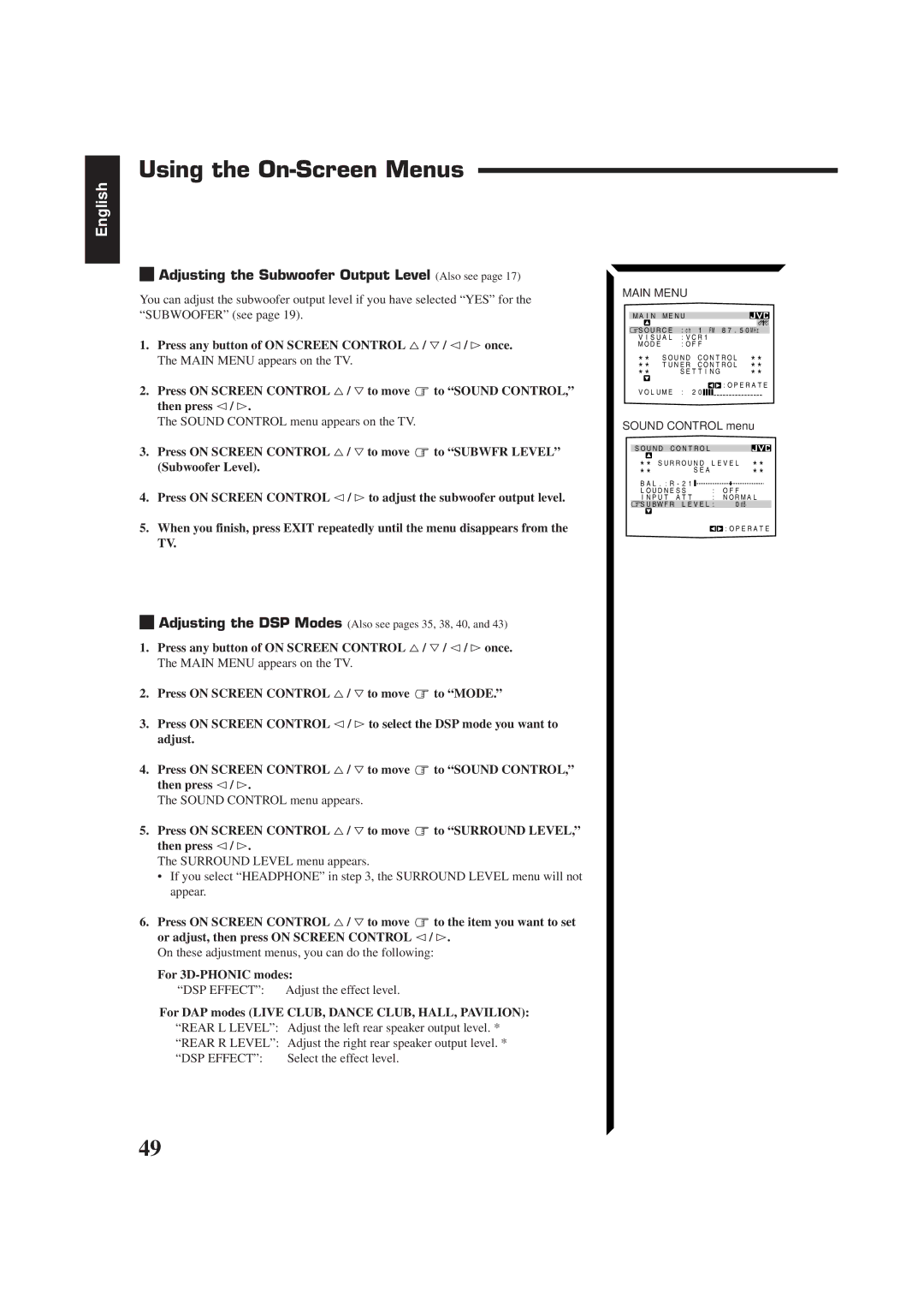 JVC RX-884RBK manual Using the On-Screen Menus, Adjusting the Subwoofer Output Level Also see, For 3D-PHONIC modes 