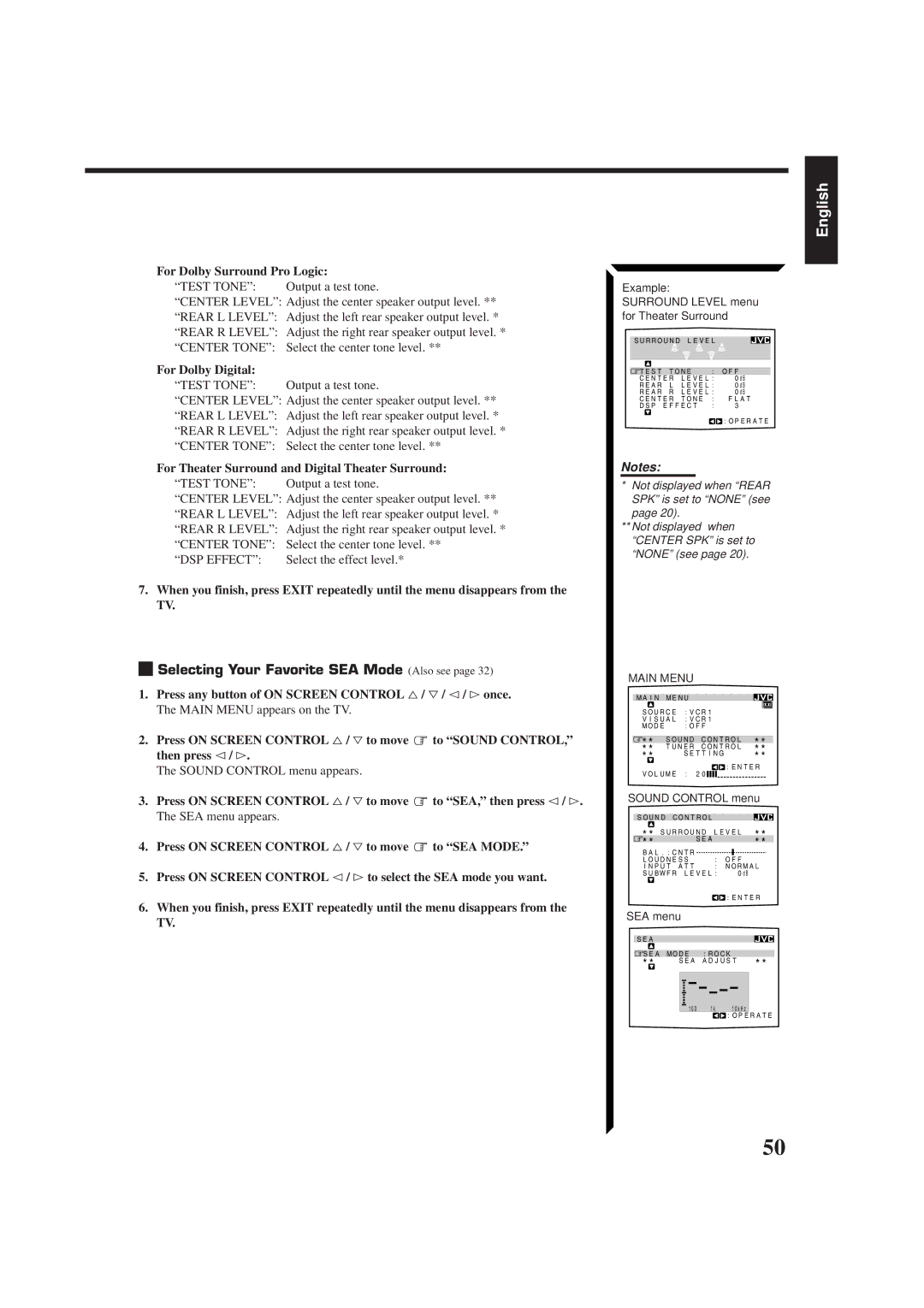 JVC RX-884RBK manual Selecting Your Favorite SEA Mode Also see, For Dolby Surround Pro Logic, For Dolby Digital 