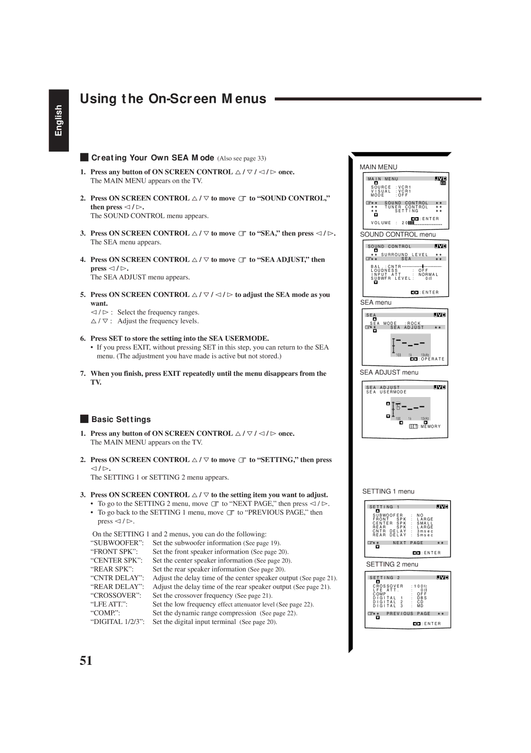 JVC RX-884RBK Creating Your Own SEA Mode Also see, Basic Settings, Press SET to store the setting into the SEA Usermode 