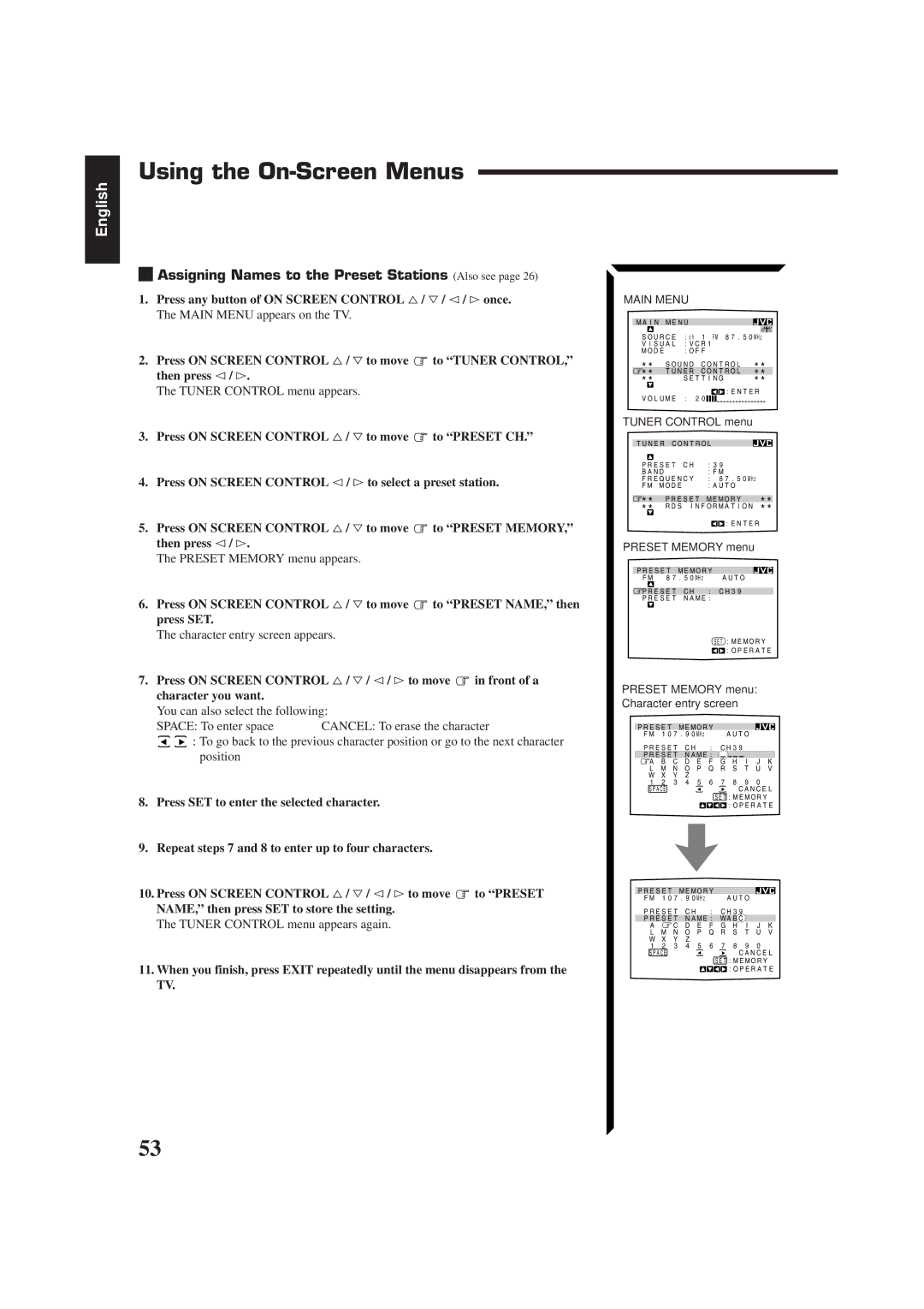 JVC RX-884RBK manual Assigning Names to the Preset Stations Also see, Character entry screen appears 