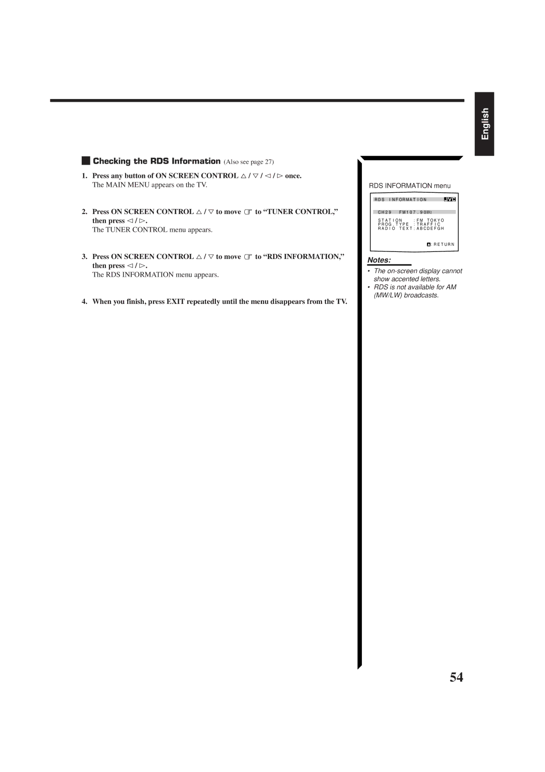 JVC RX-884RBK manual Checking the RDS Information Also see, RDS Information menu appears 