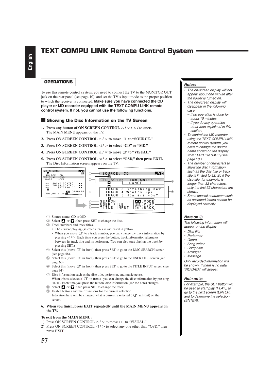 JVC RX-884RBK manual Text Compu Link Remote Control System, Showing the Disc Information on the TV Screen 