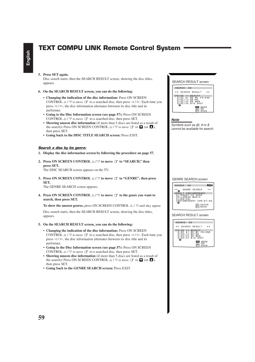 JVC RX-884RBK manual Going back to the Disc Title Search screen Press Exit, Search a disc by its genre 