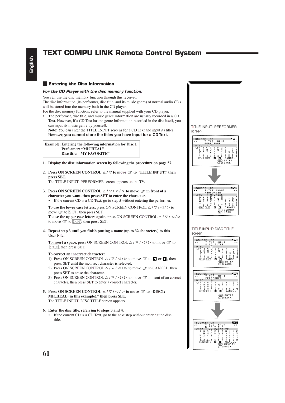 JVC RX-884RBK manual Entering the Disc Information, For the CD Player with the disc memory function 