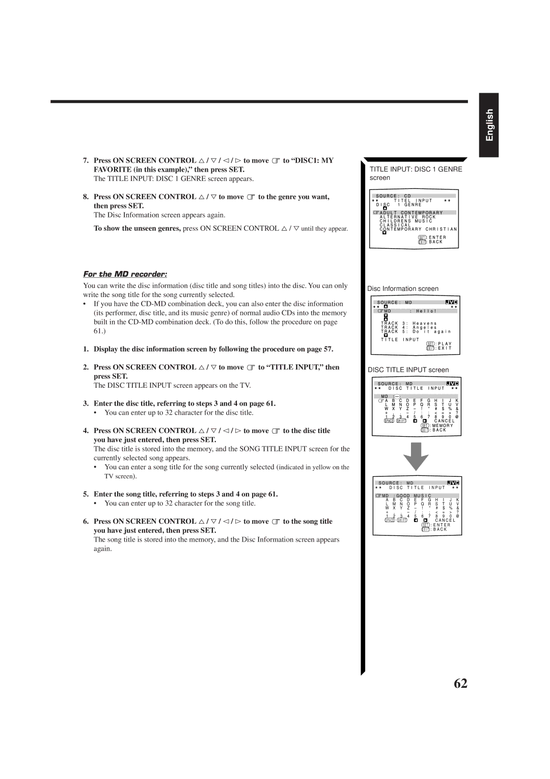 JVC RX-884RBK manual For the MD recorder, Enter the disc title, referring to steps 3 and 4 on 