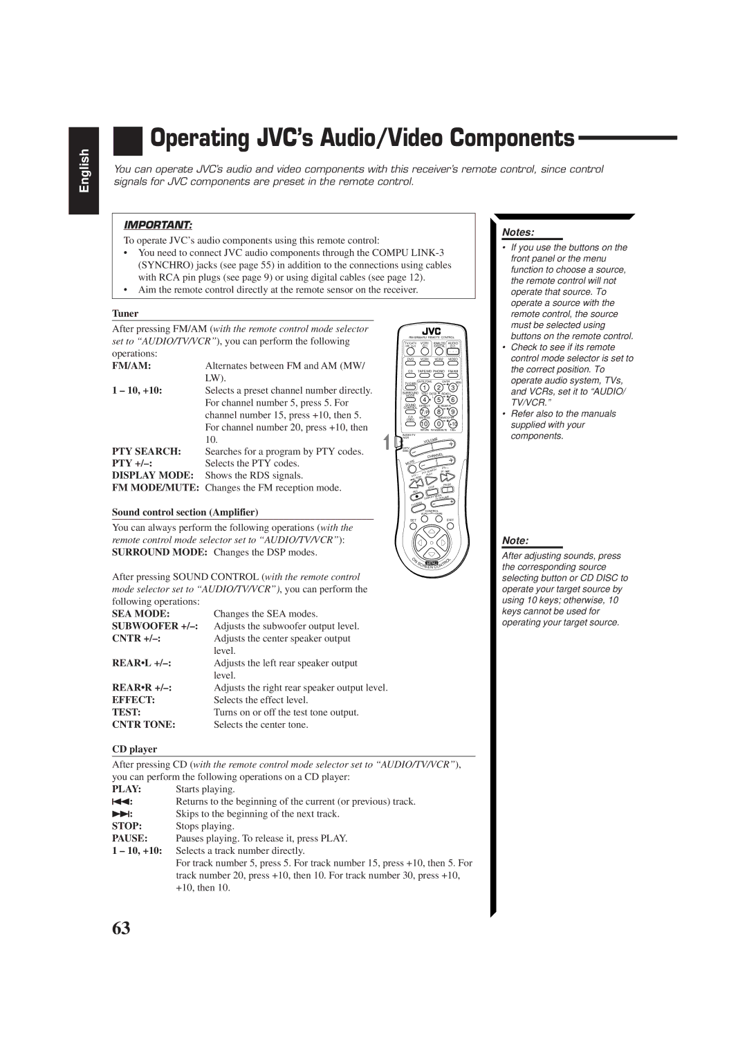 JVC RX-884RBK manual Operating JVC’s Audio/Video Components 