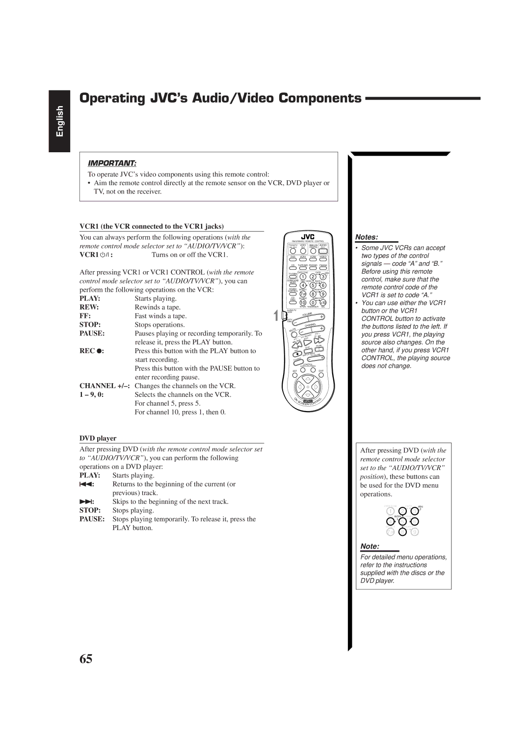 JVC RX-884RBK manual Operating JVC’s Audio/Video Components, VCR1 the VCR connected to the VCR1 jacks, Rec, DVD player 