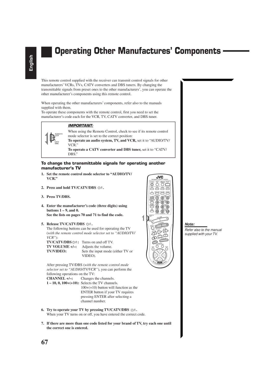 JVC RX-884RBK manual Operating Other Manufactures’ Components, Following buttons can be used for operating the TV 