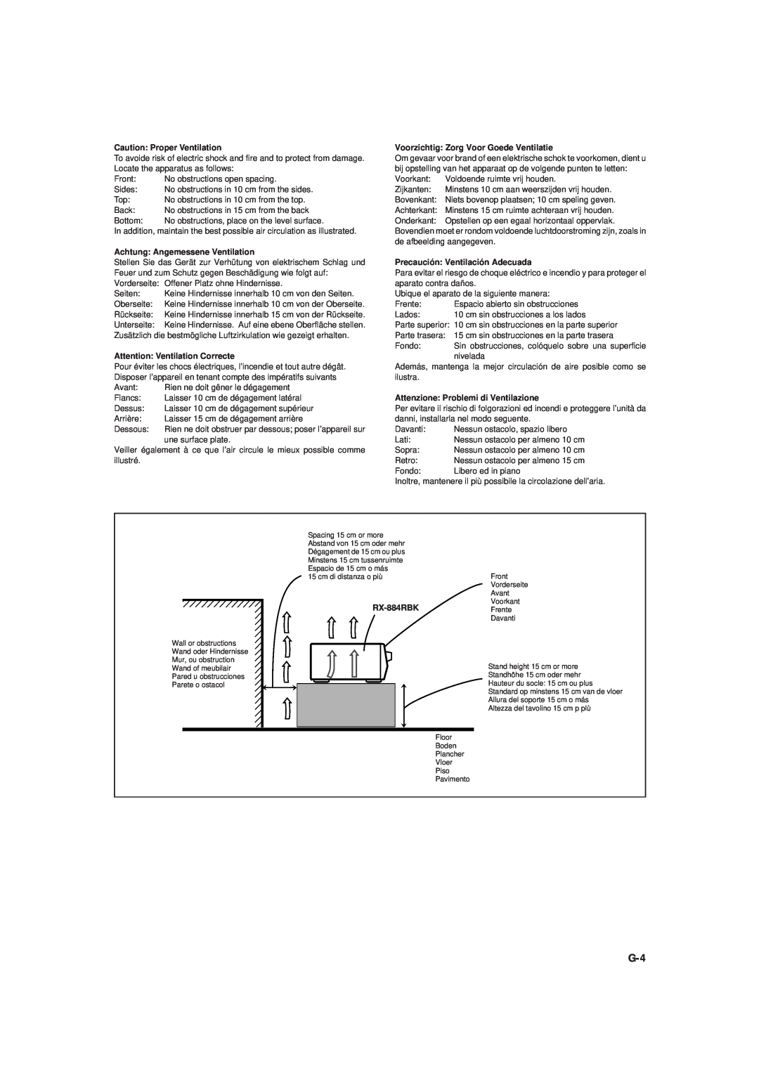JVC RX-884RBK manual Caution: Proper Ventilation, Achtung: Angemessene Ventilation, Attention: Ventilation Correcte 
