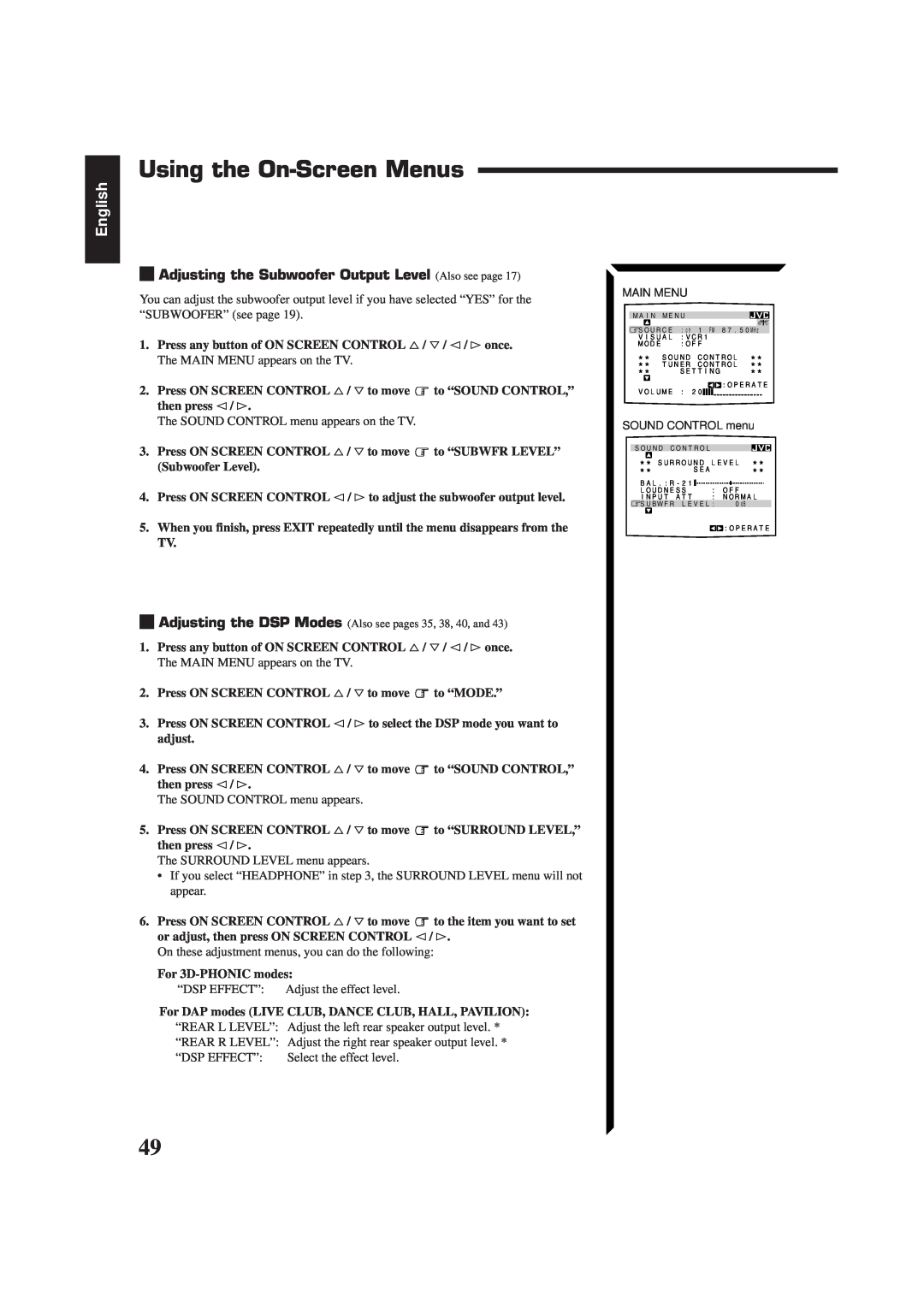 JVC RX-884RBK manual Using the On-ScreenMenus, English 