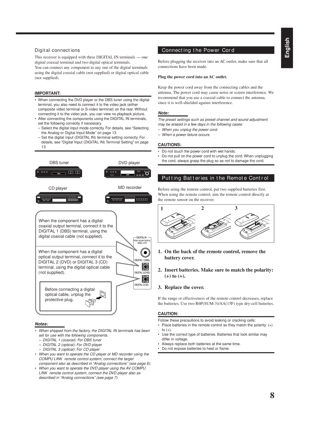 JVC RX-888RBK manual Connecting the Power Cord, Putting Batteries in the Remote Control, Digital connections 