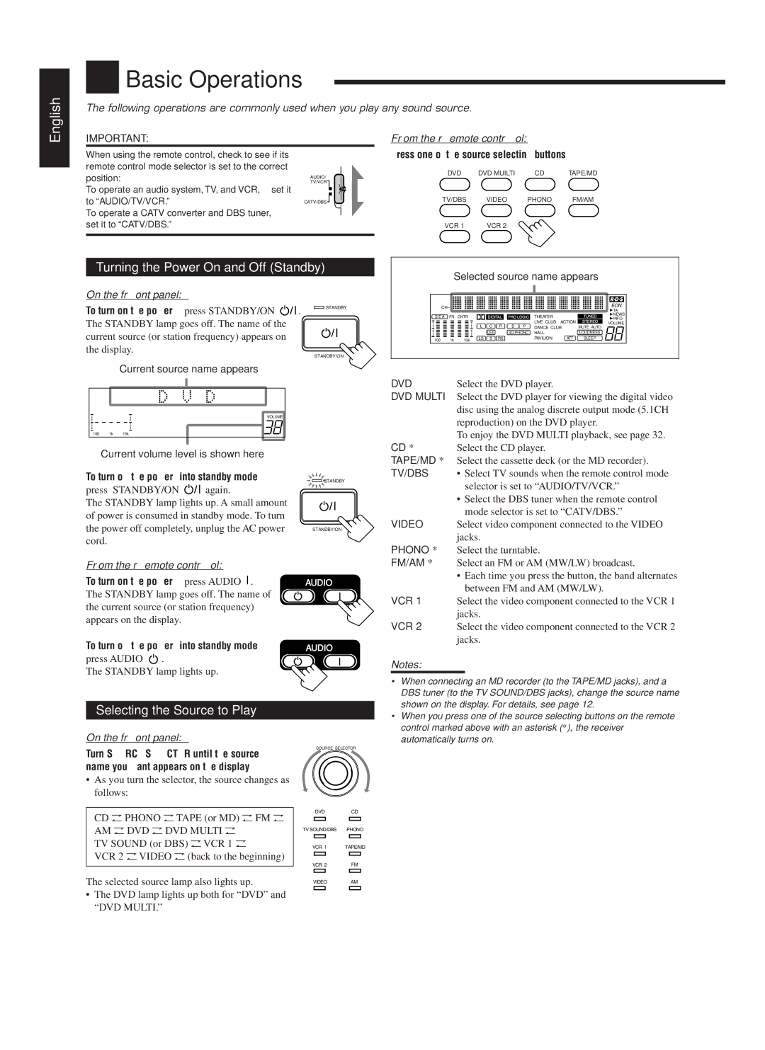 JVC RX-888RBK Basic Operations, Turning the Power On and Off Standby, Selecting the Source to Play, On the front panel 