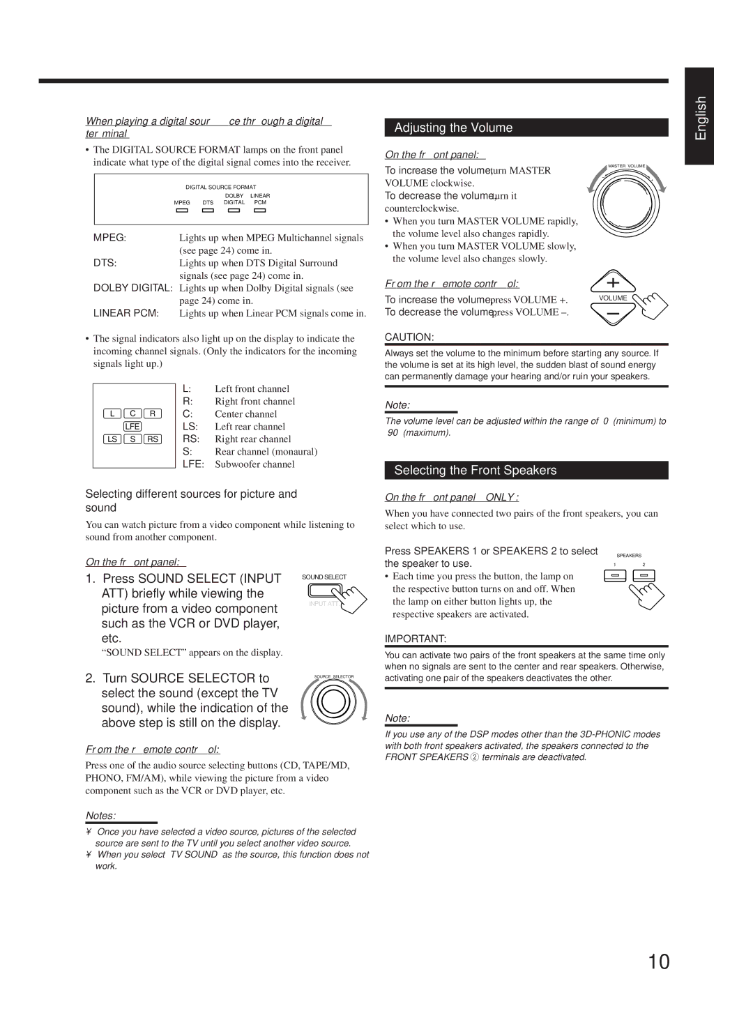 JVC RX-888RBK manual Adjusting the Volume, Selecting the Front Speakers, Etc, Turn Source Selector to 