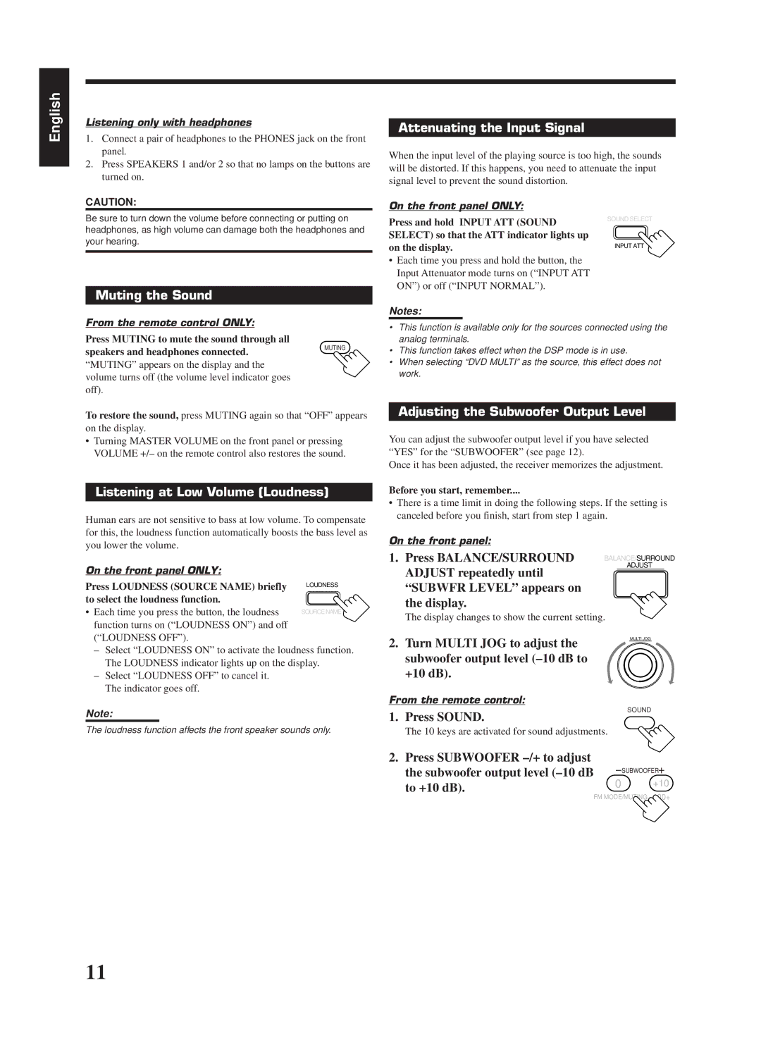 JVC RX-888RBK manual Attenuating the Input Signal, Muting the Sound, Listening at Low Volume Loudness 