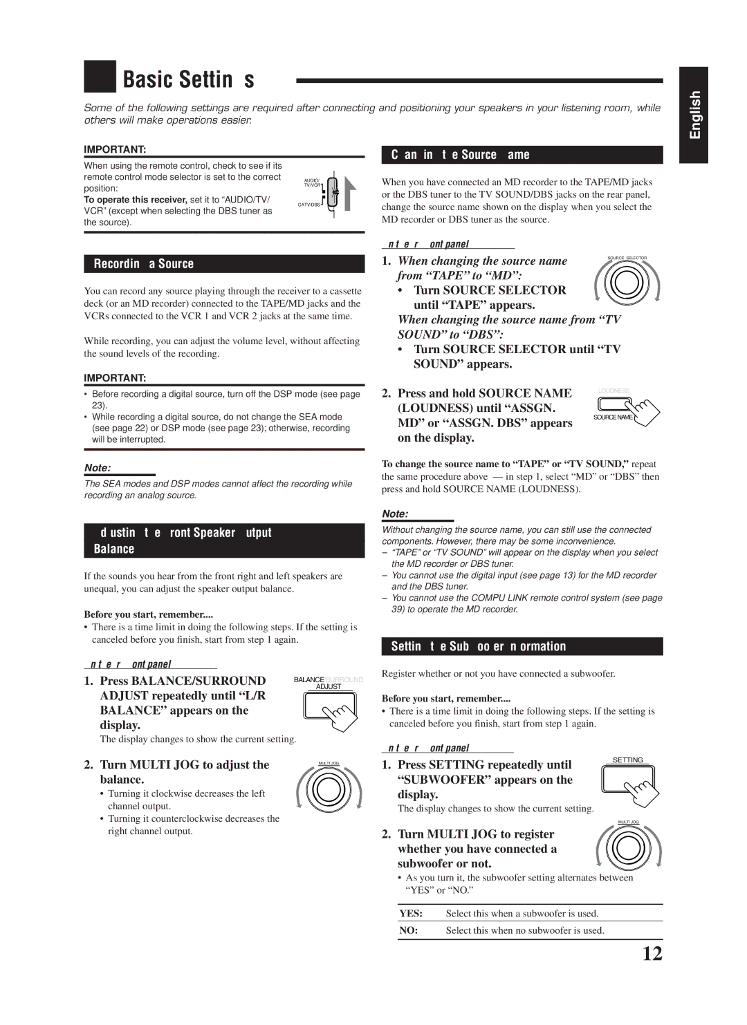 JVC RX-888RBK Basic Settings, Recording a Source, Adjusting the Front Speaker Output Balance, Changing the Source Name 