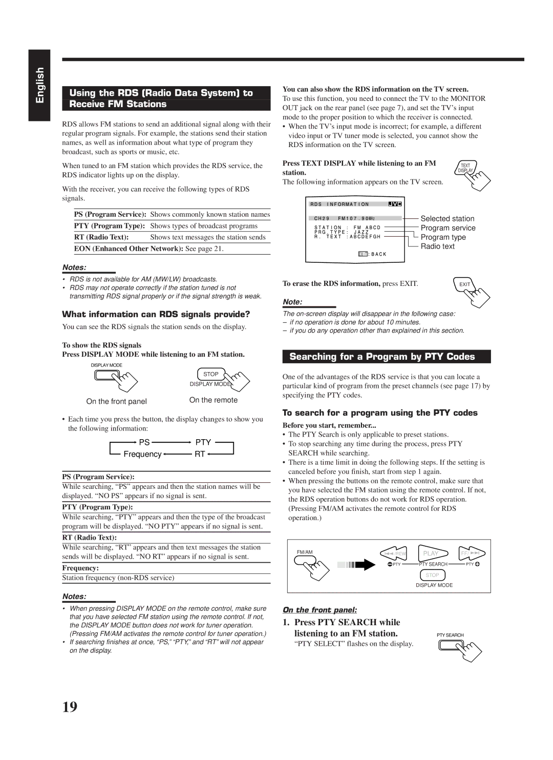 JVC RX-888RBK manual Using the RDS Radio Data System to Receive FM Stations, Searching for a Program by PTY Codes 