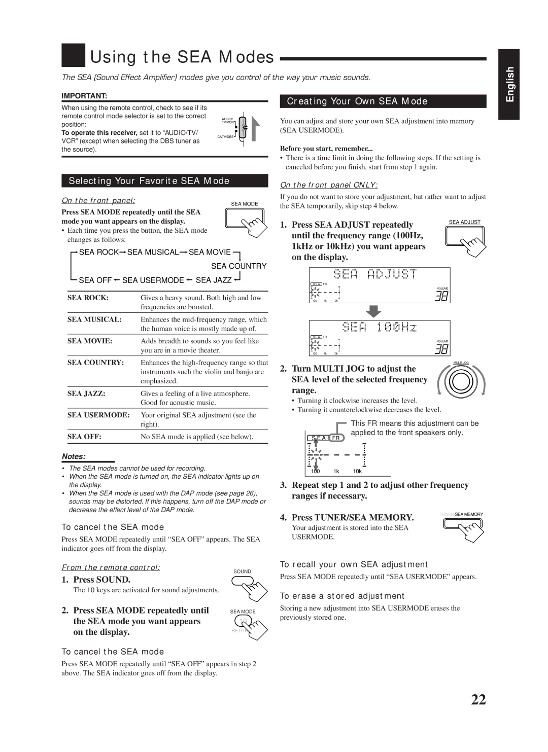 JVC RX-888RBK manual Using the SEA Modes, Selecting Your Favorite SEA Mode, Creating Your Own SEA Mode 