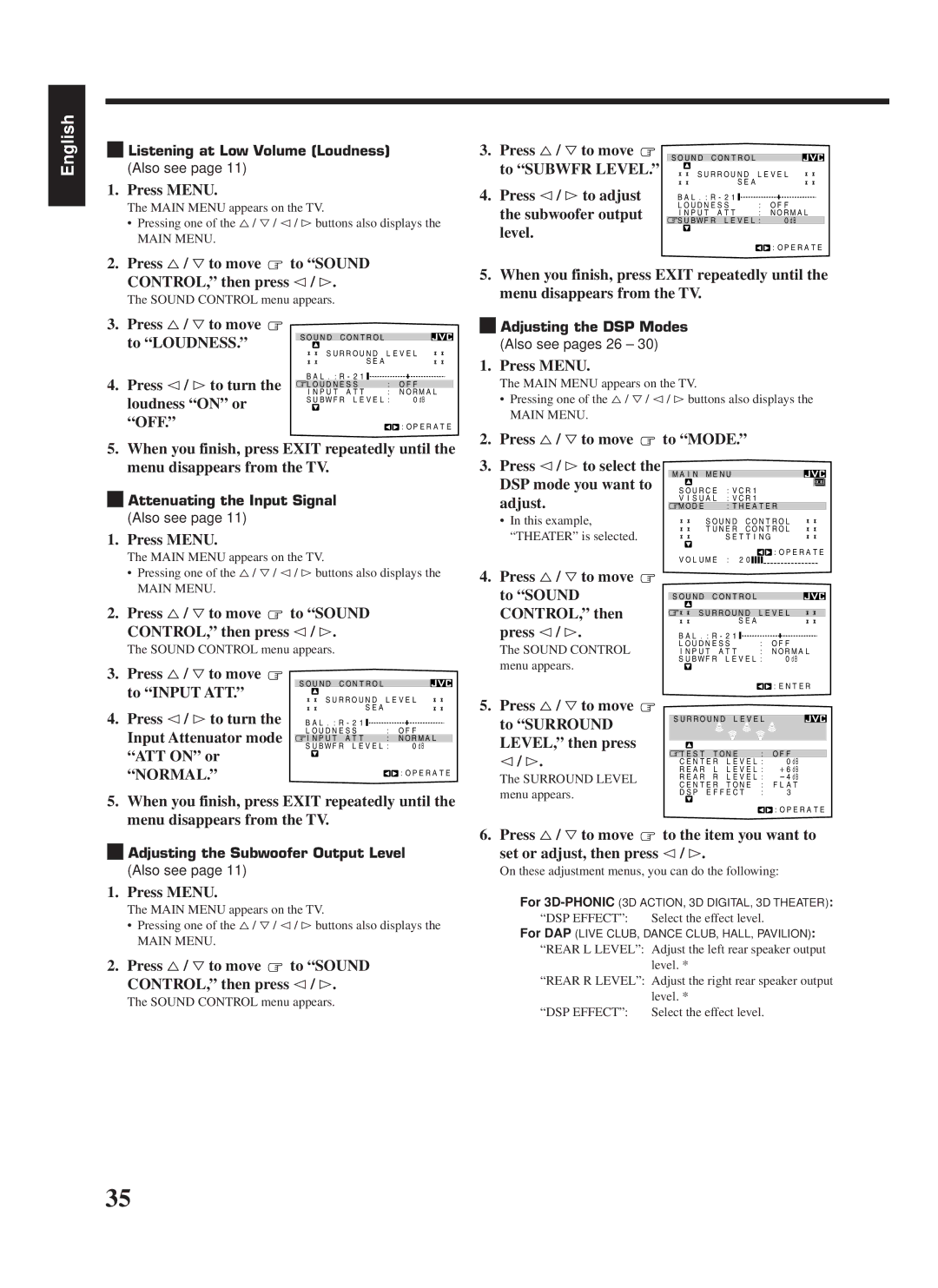 JVC RX-888RBK Press %/ Þto move to Sound CONTROL, then press @/ #, To Subwfr Level, Subwoofer output, To Input ATT, @ / # 