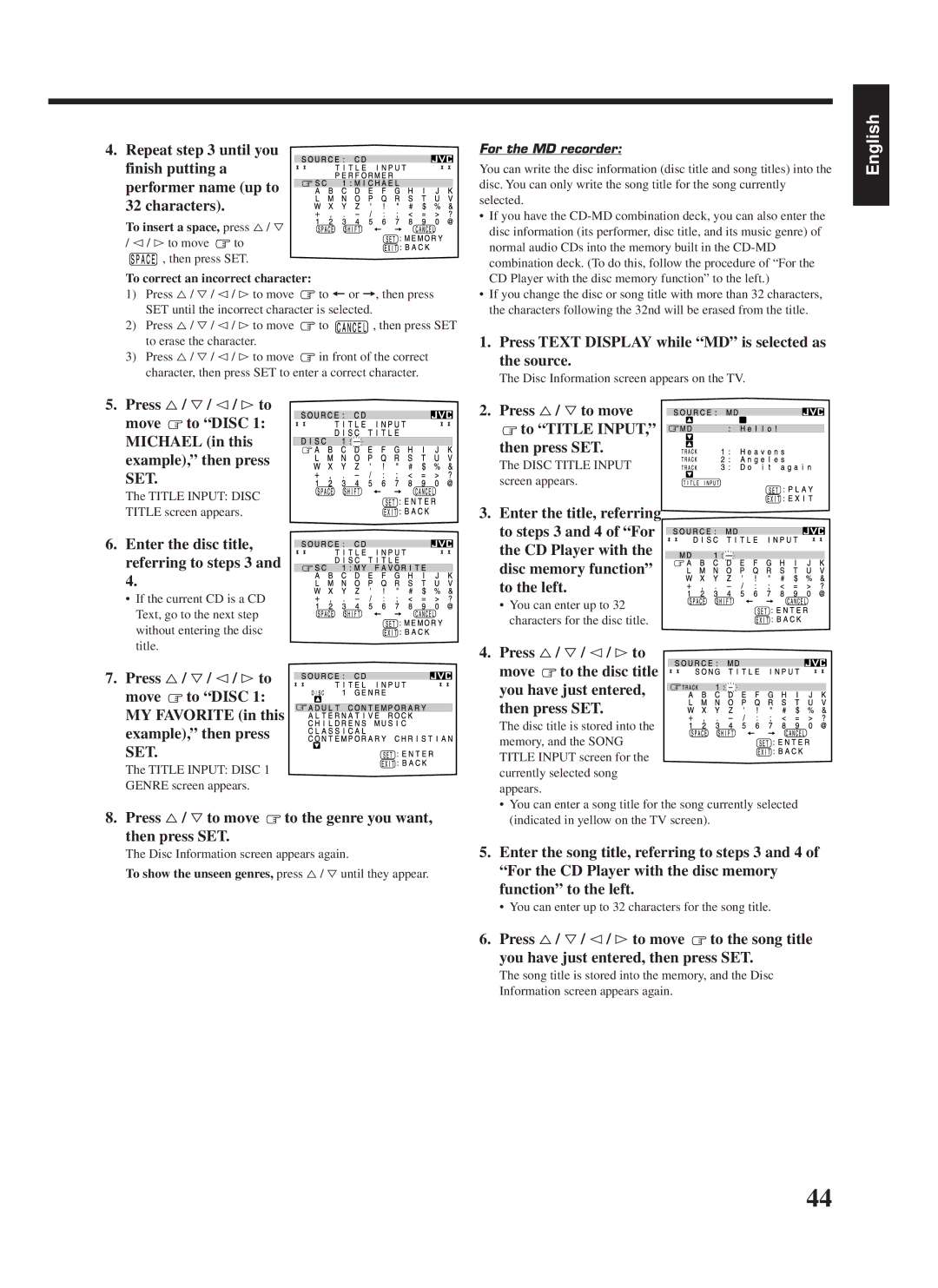 JVC RX-888RBK Press Text Display while MD is selected as the source, To insert a space, press %/ Þ, For the MD recorder 