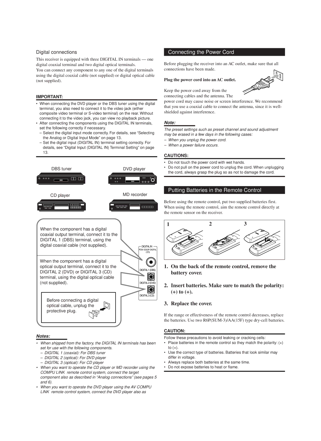 JVC RX-888VBK manual Connecting the Power Cord, Putting Batteries in the Remote Control, + to + Replace the cover 