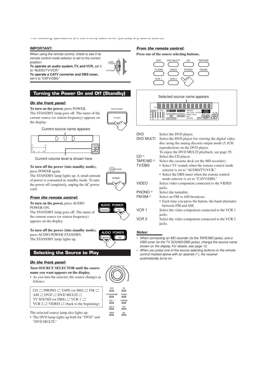 JVC RX-888VBK manual Turning the Power On and Off Standby, Selecting the Source to Play, From the remote control 