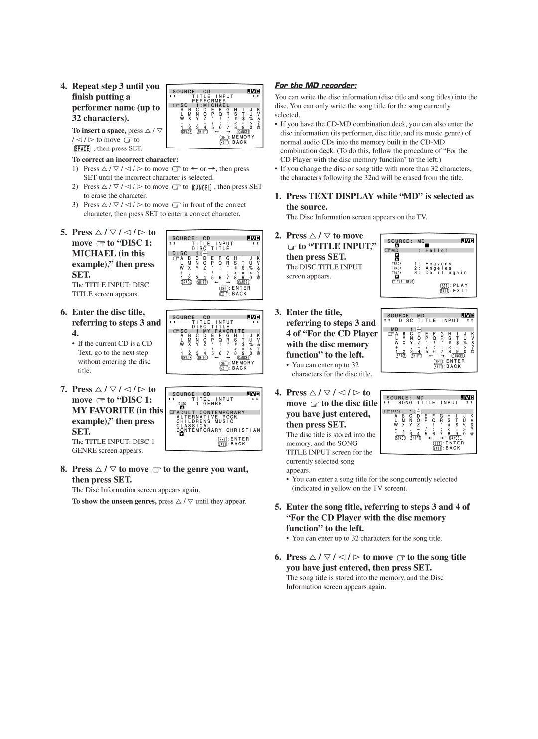 JVC RX-888VBK manual Press Text Display while MD is selected as the source, Press %/ Þto move To Title Input Then press SET 