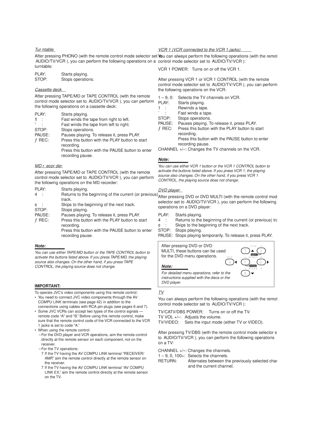 JVC RX-888VBK manual Turntable, Cassette deck, MD recorder, VCR 1 VCR connected to the VCR 1 jacks, DVD player 