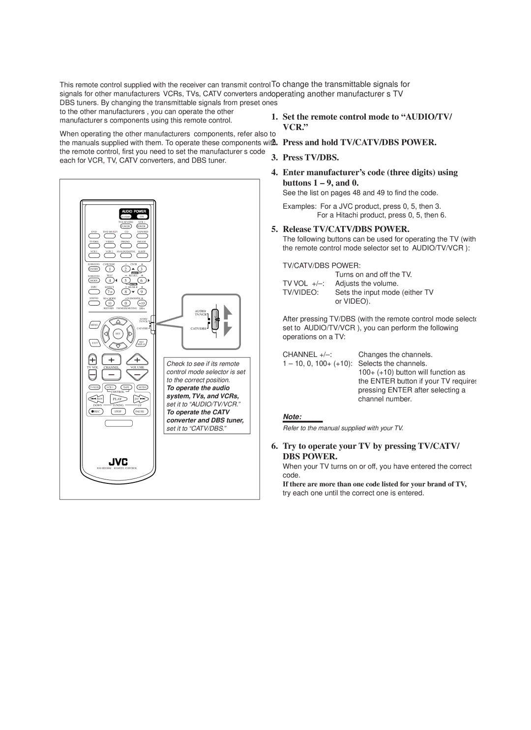 JVC RX-888VBK manual Release TV/CATV/DBS Power, Try to operate your TV by pressing TV/CATV, Channel + 