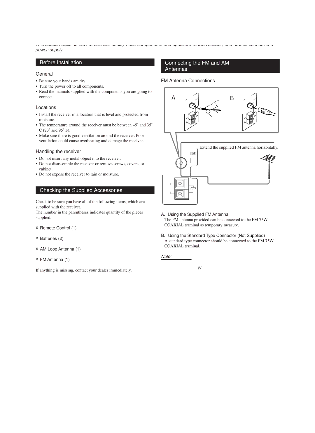 JVC RX-888VBK manual Before Installation, Checking the Supplied Accessories, Connecting the FM and AM Antennas 