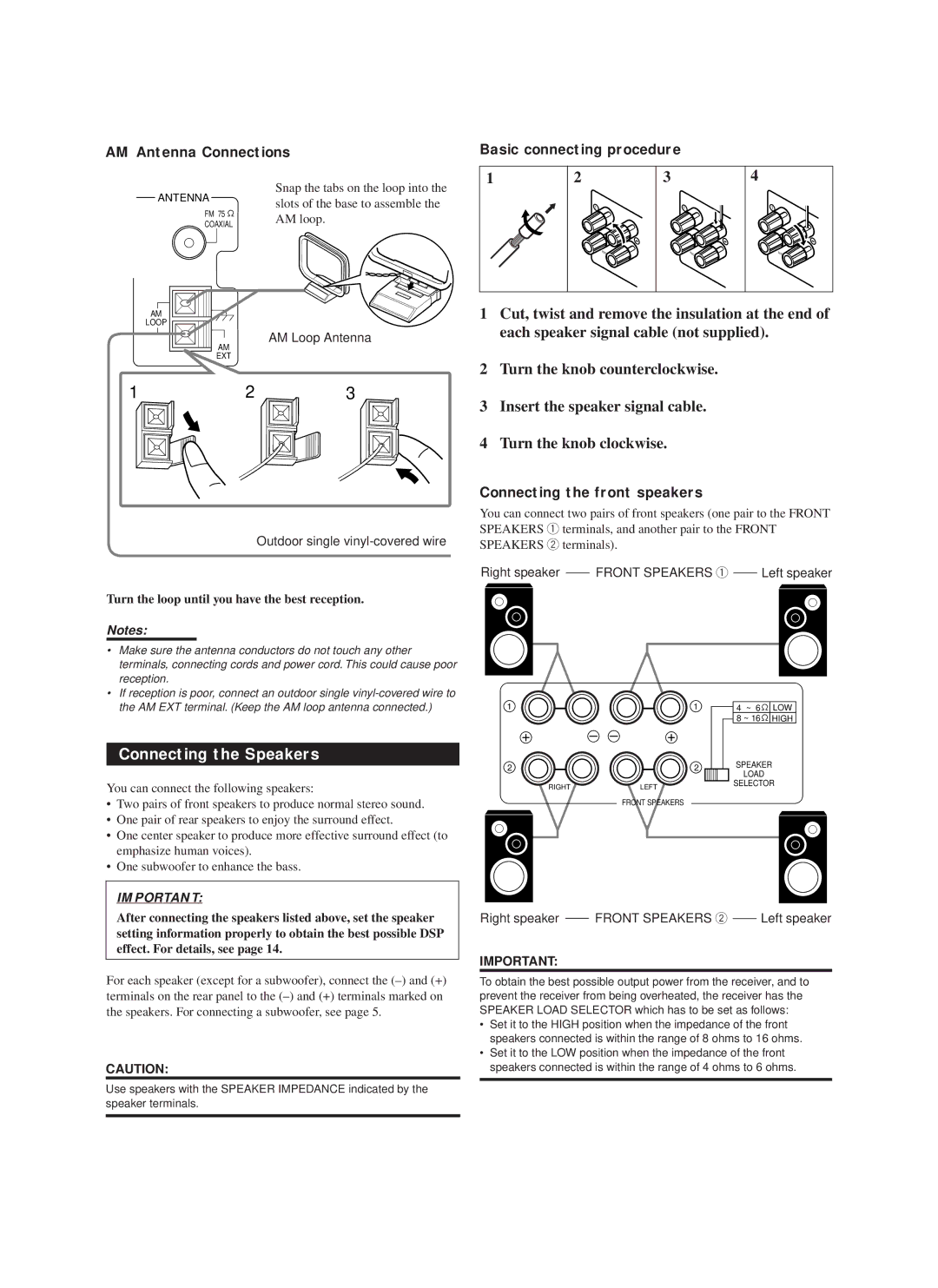 JVC RX-888VBK Connecting the Speakers, AM Antenna Connections, Basic connecting procedure, Connecting the front speakers 