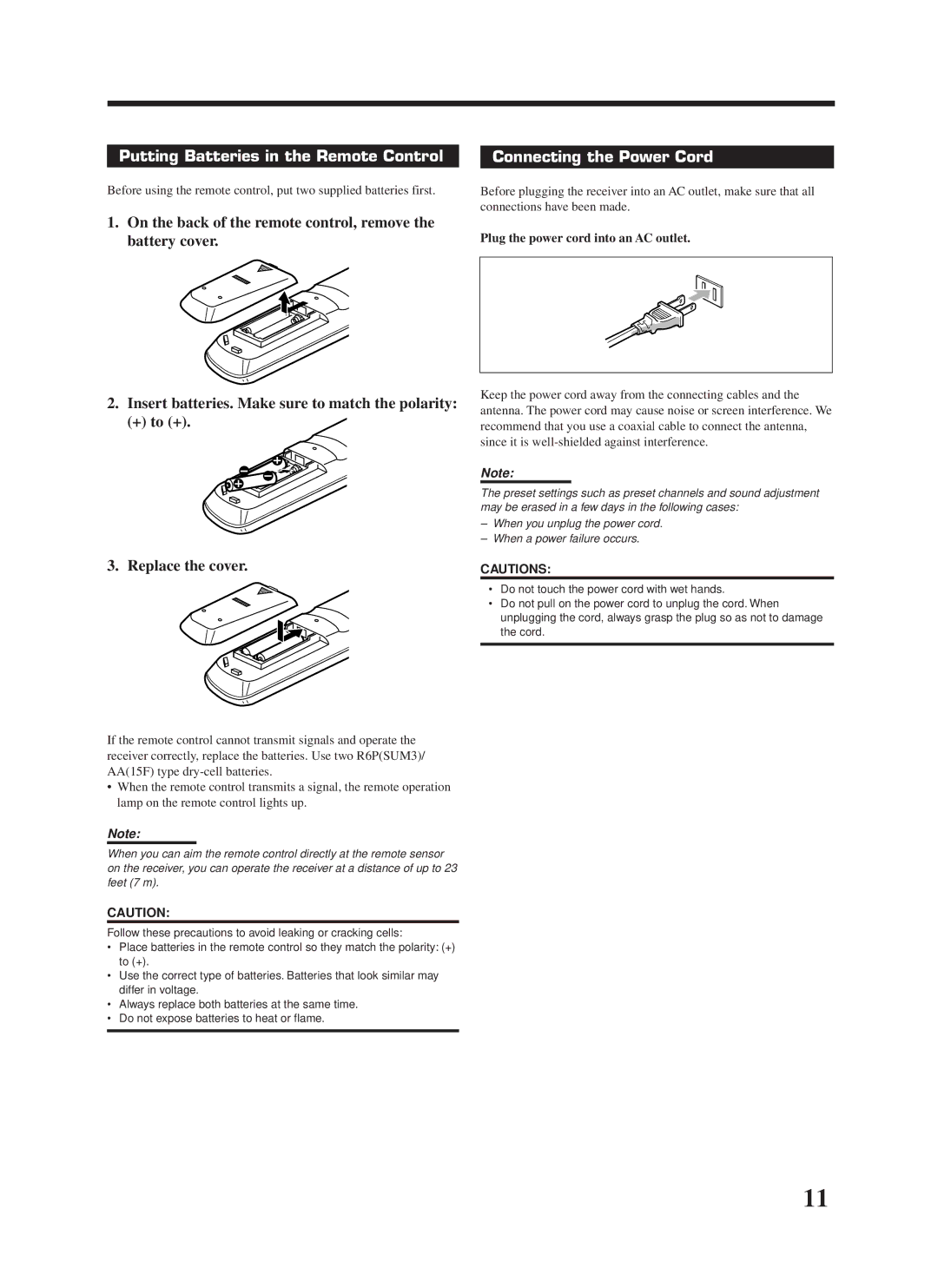 JVC RX-9000VBK manual Putting Batteries in the Remote Control, Connecting the Power Cord, Replace the cover 