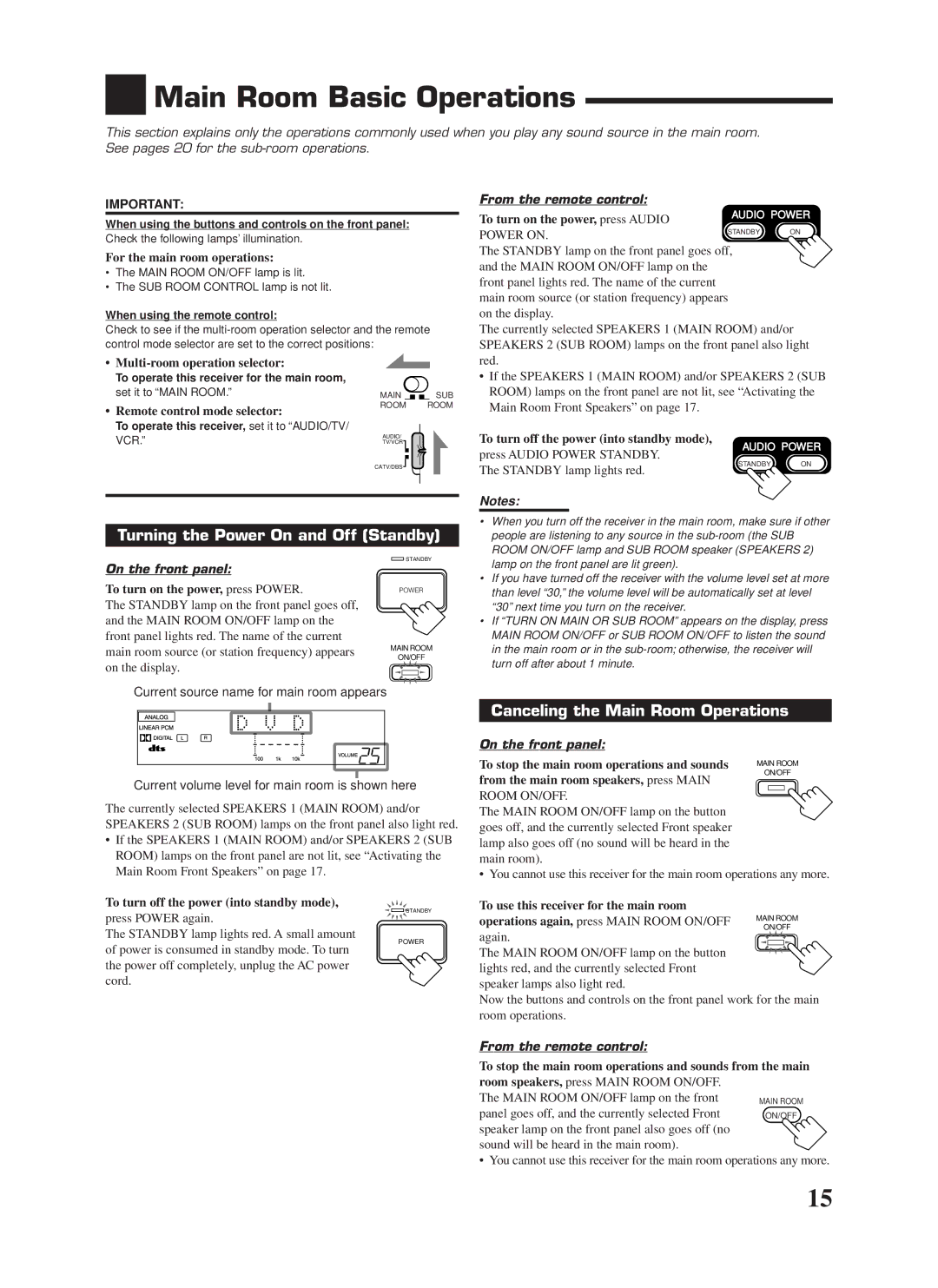 JVC RX-9000VBK manual Main Room Basic Operations, Turning the Power On and Off Standby, Canceling the Main Room Operations 