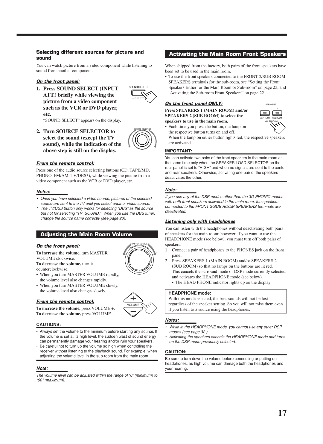 JVC RX-9000VBK manual Activating the Main Room Front Speakers, Etc, Adjusting the Main Room Volume 