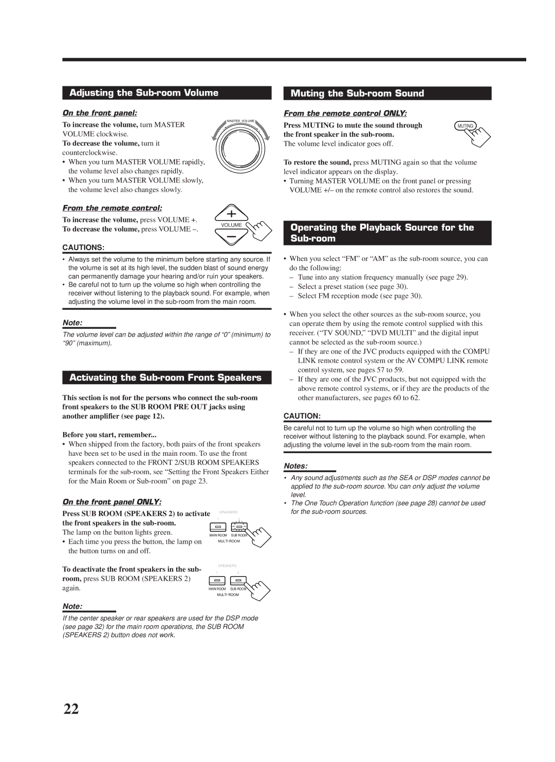 JVC RX-9000VBK manual Adjusting the Sub-room Volume Muting the Sub-room Sound, Operating the Playback Source for Sub-room 