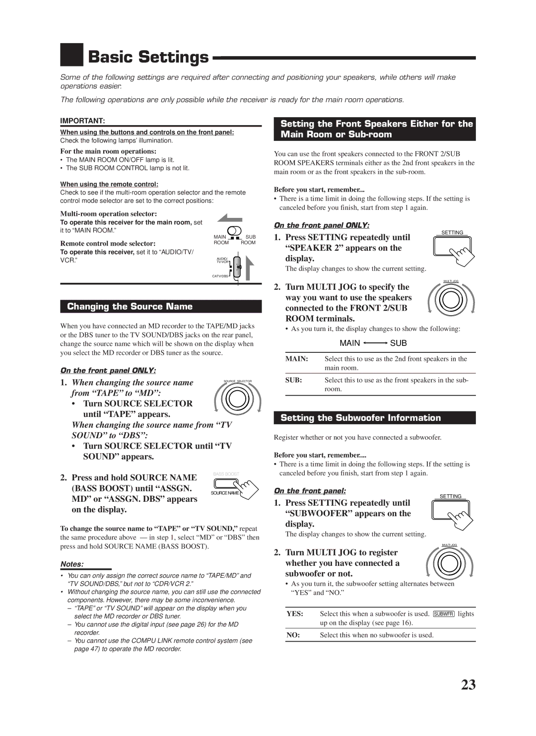 JVC RX-9000VBK manual Basic Settings, Setting the Front Speakers Either for Main Room or Sub-room, Changing the Source Name 