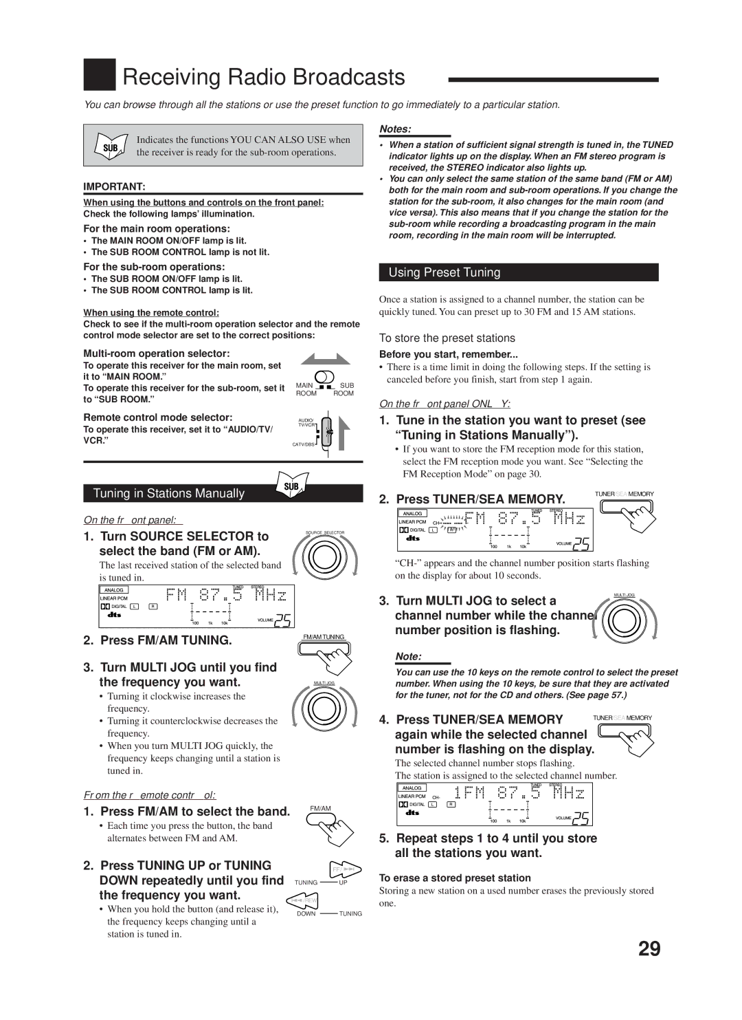 JVC RX-9000VBK manual Receiving Radio Broadcasts, Using Preset Tuning, Tuning in Stations Manually, Press TUNER/SEA Memory 