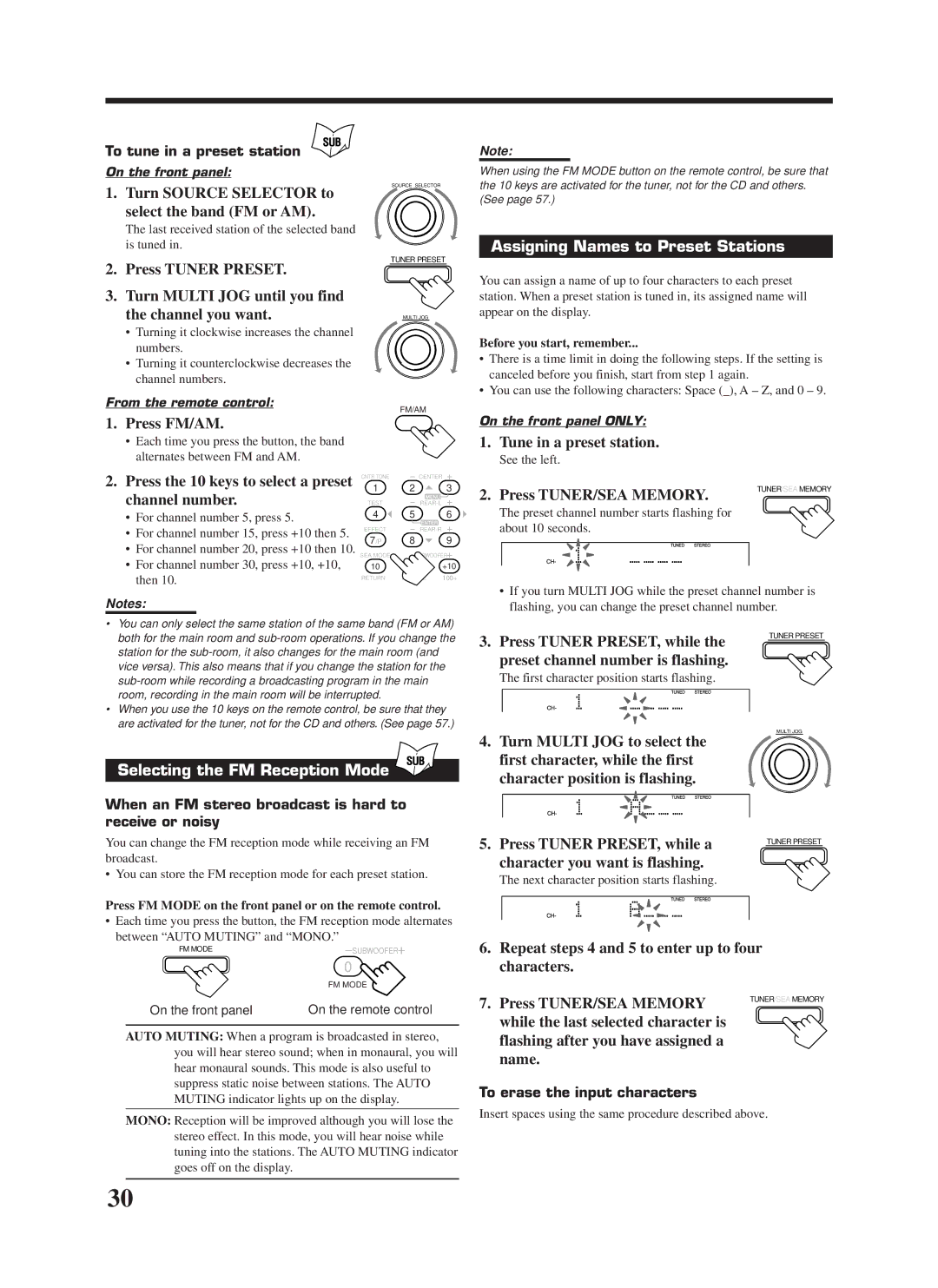 JVC RX-9000VBK manual Assigning Names to Preset Stations, Selecting the FM Reception Mode 