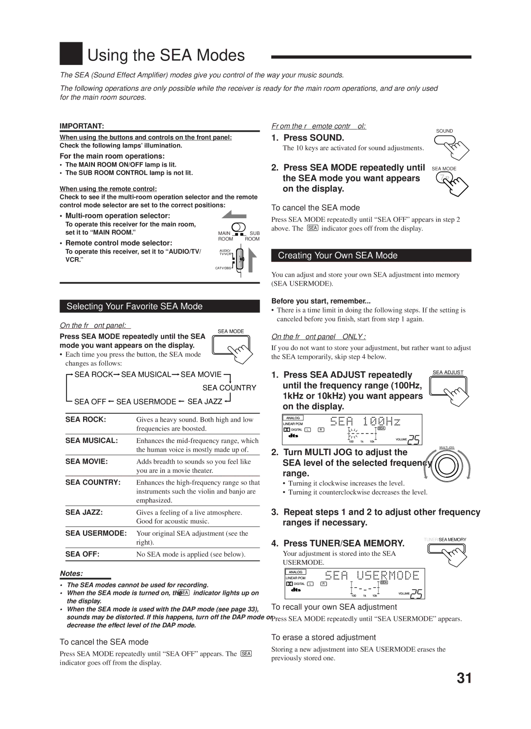 JVC RX-9000VBK manual Using the SEA Modes, Selecting Your Favorite SEA Mode, Creating Your Own SEA Mode 