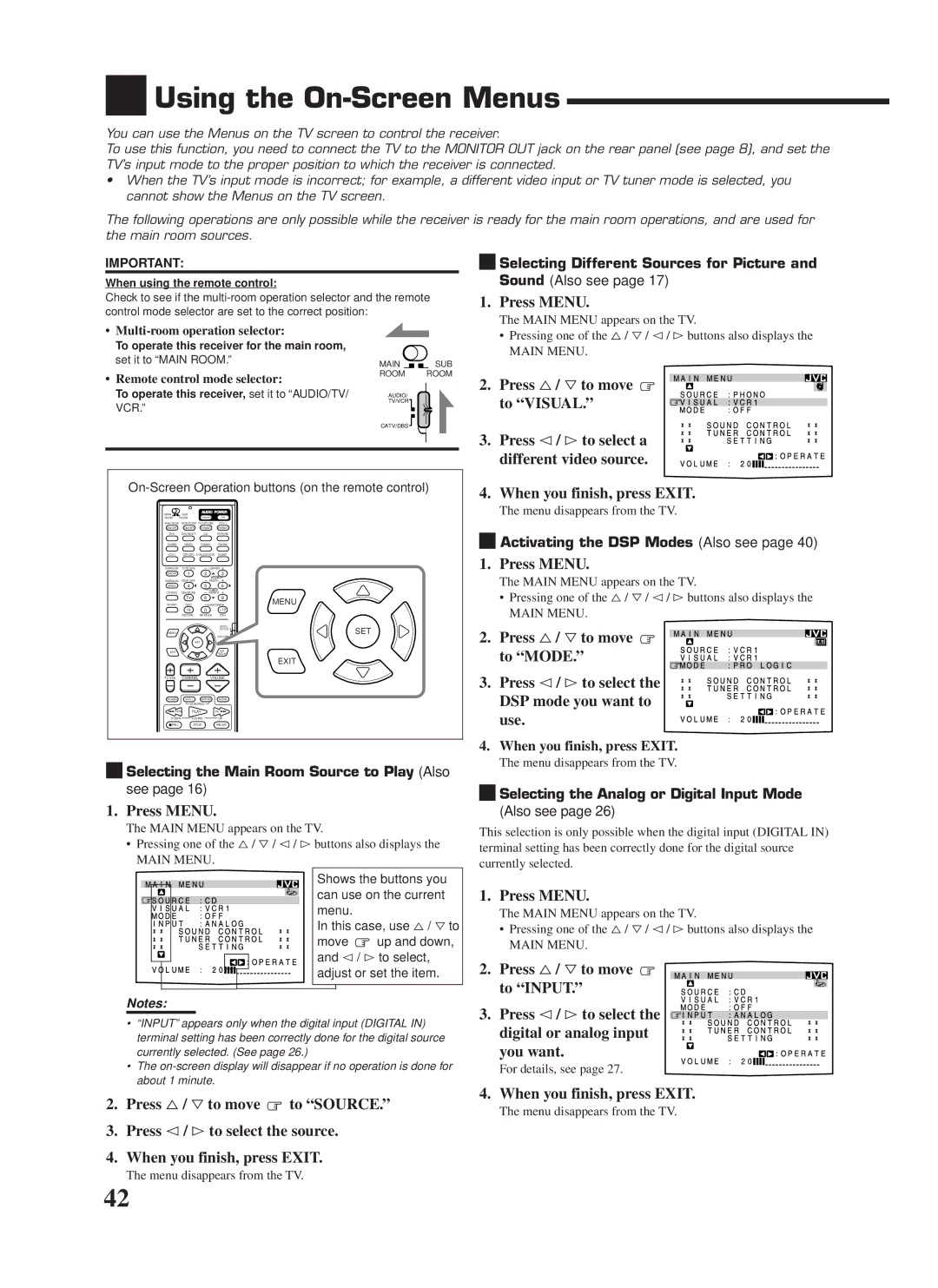 JVC RX-9000VBK manual Using the On-Screen Menus, Press Menu, Press %/ Þto move to Visual, When you finish, press Exit 